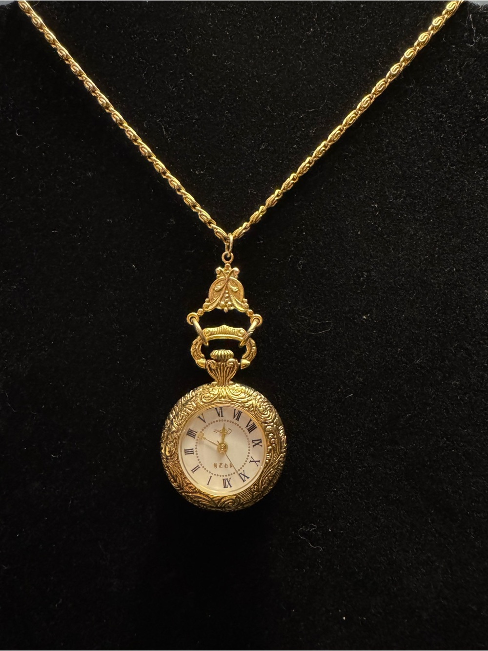 Vintage 1928 Gold Tone Working Watch Pendant Necklace - Victorian Style
